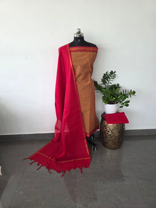 Handloom cotton set with kanchi border - Red border