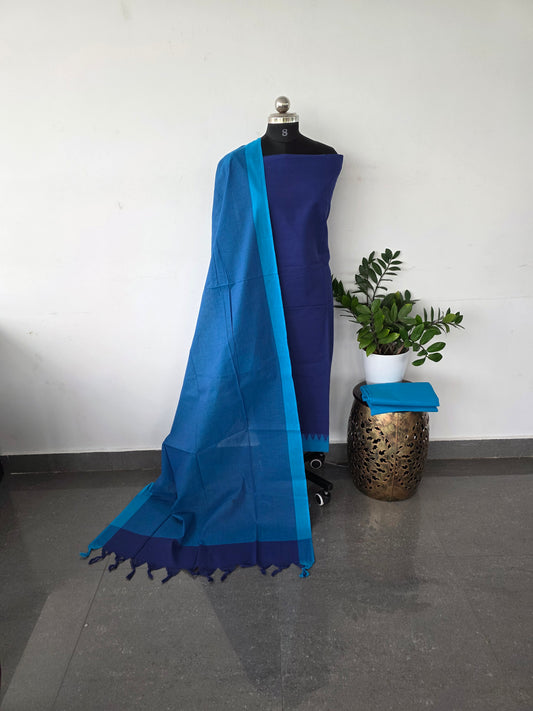 Handloom cotton set with temple border - Blue