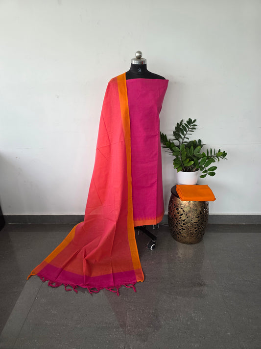 Handloom cotton set with temple border -  Pink
