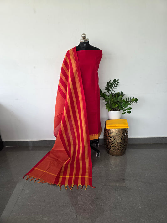 Handloom cotton set with temple border - Red