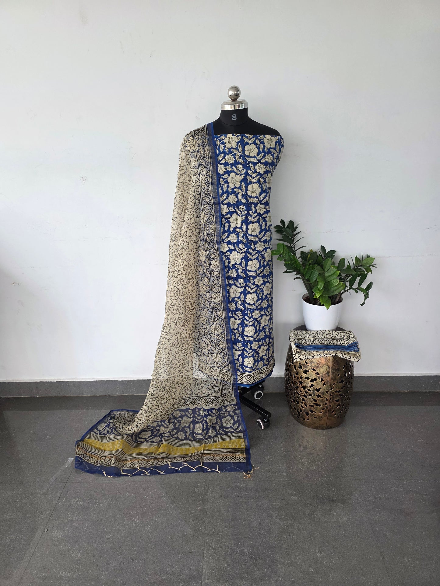 Handblock cotton set with kota shawl- blue floral