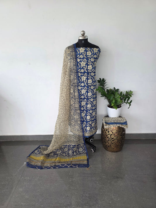 Handblock cotton set with kota shawl- blue floral