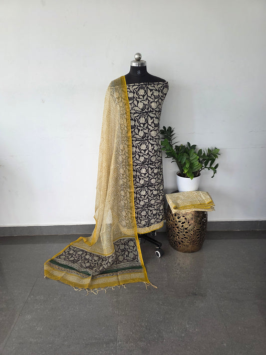 Handblock cotton set with kota shawl- black floral