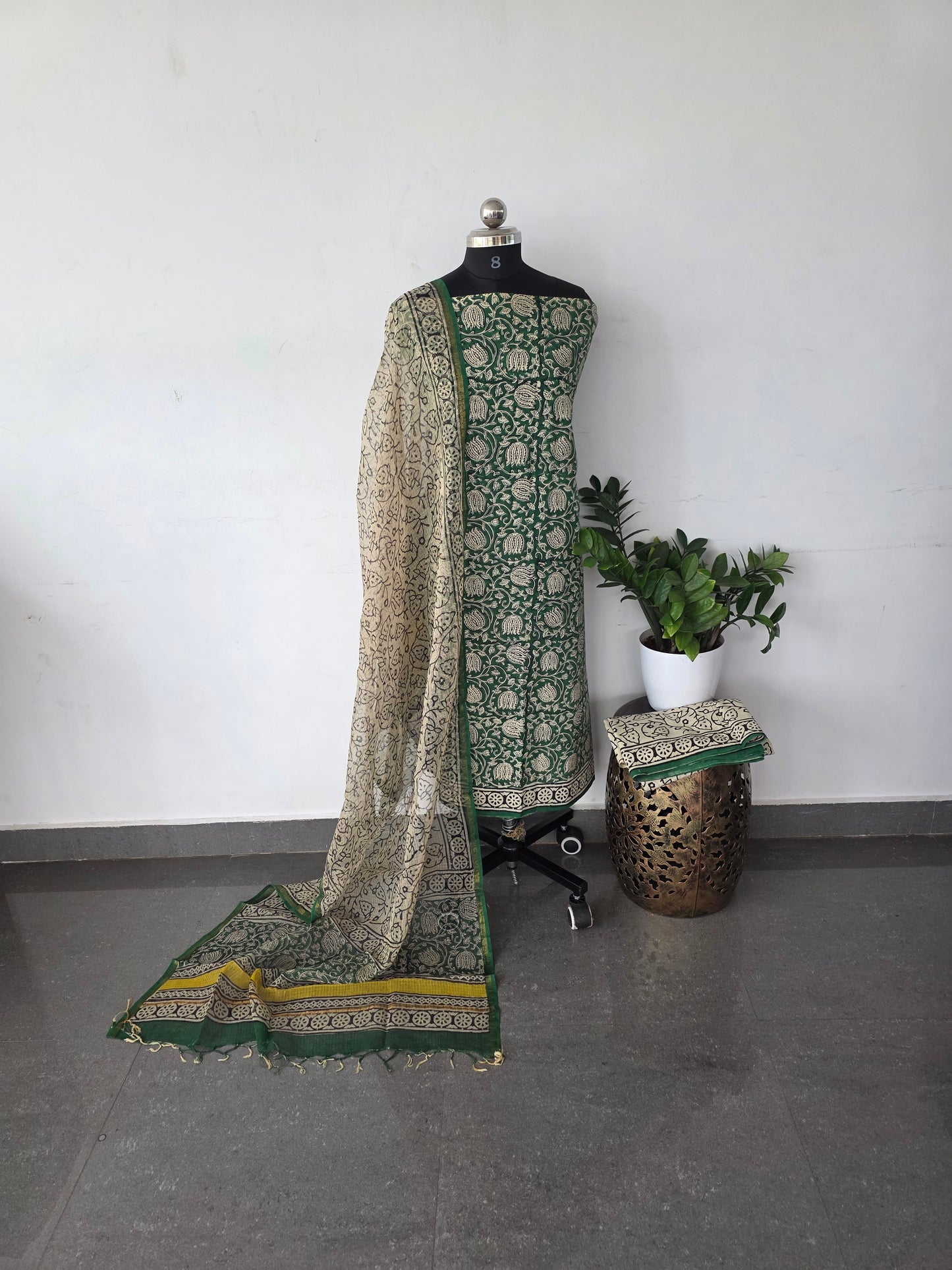 Handblock cotton set with kota shawl- Green floral