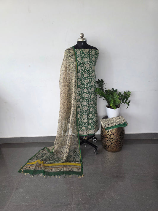 Handblock cotton set with kota shawl- Green floral