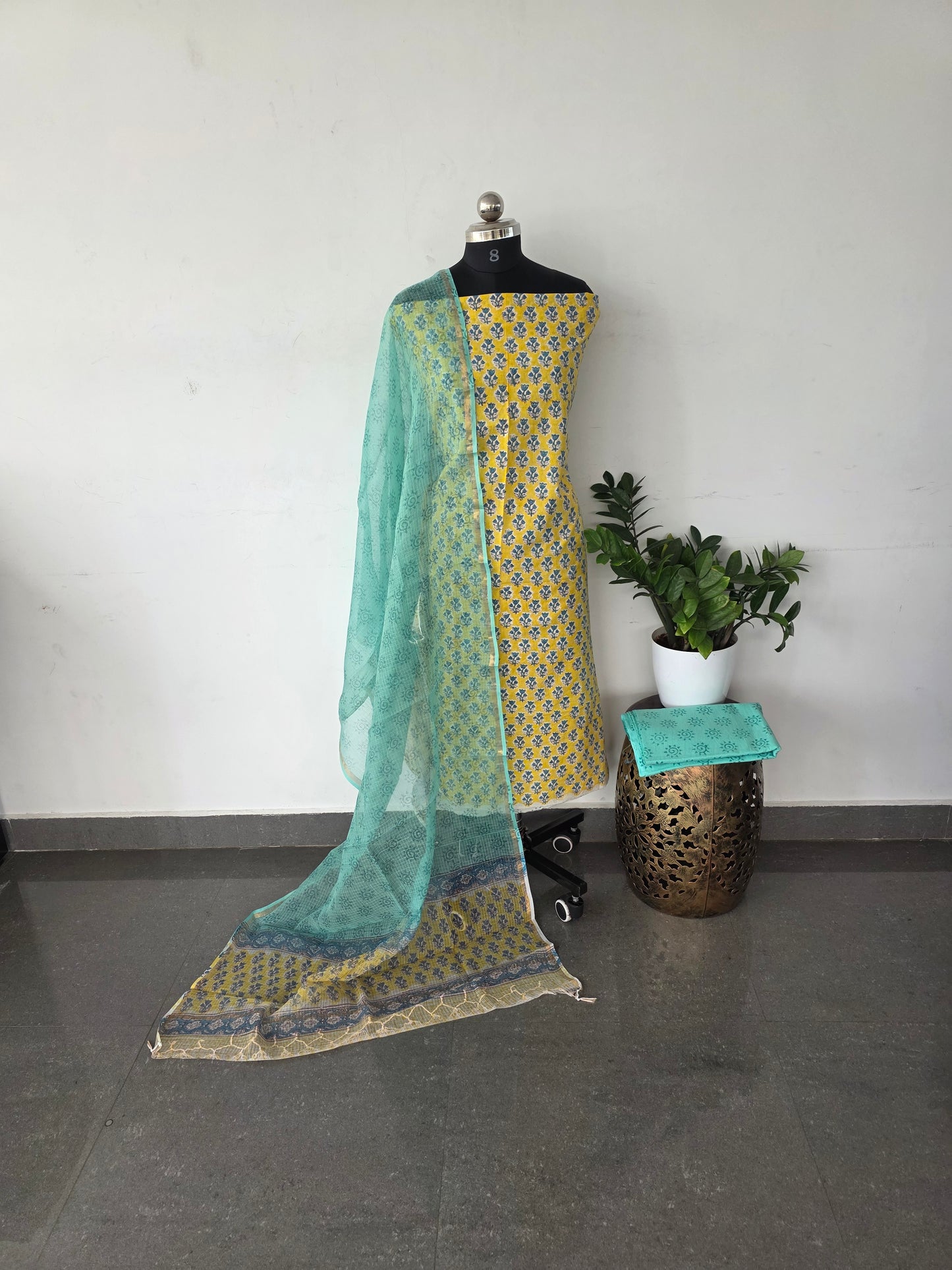 Handblock cotton set with kota shawl- yellow blue floral