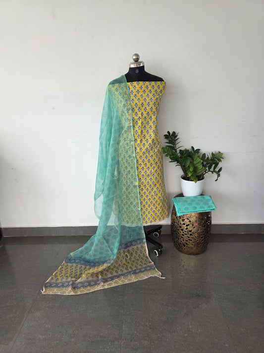 Handblock cotton set with kota shawl- yellow blue floral