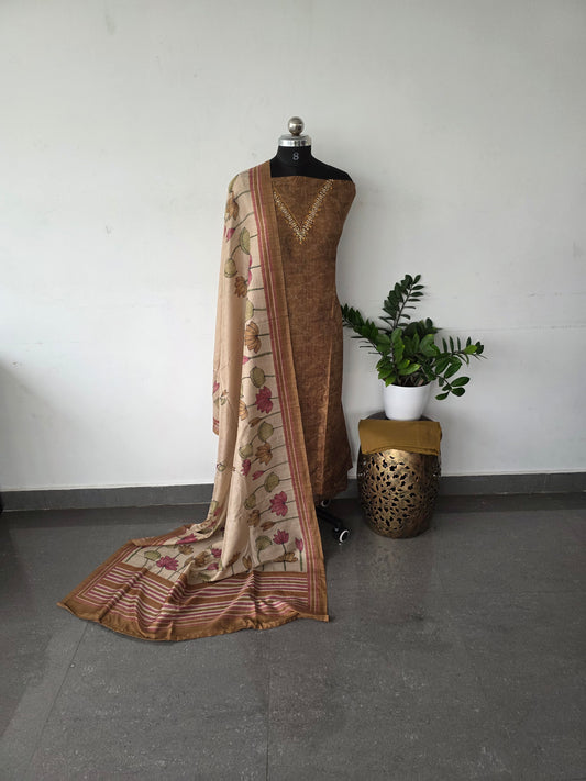 Premium tussar silk set - brown lotus