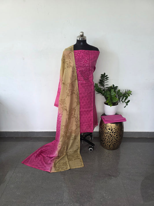Fancy chanderi silk set with soft chanderi silk shawl - Pink