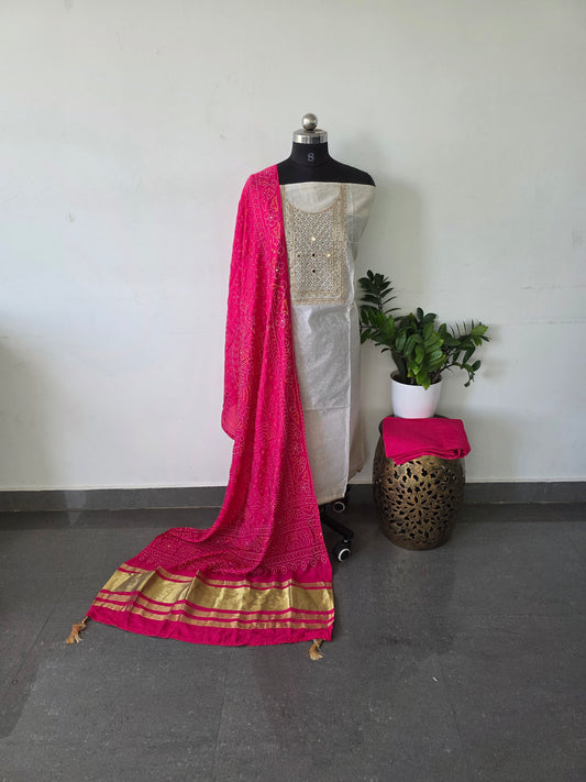 Premium chanderi set with bandhini silk shawl - White with pink
