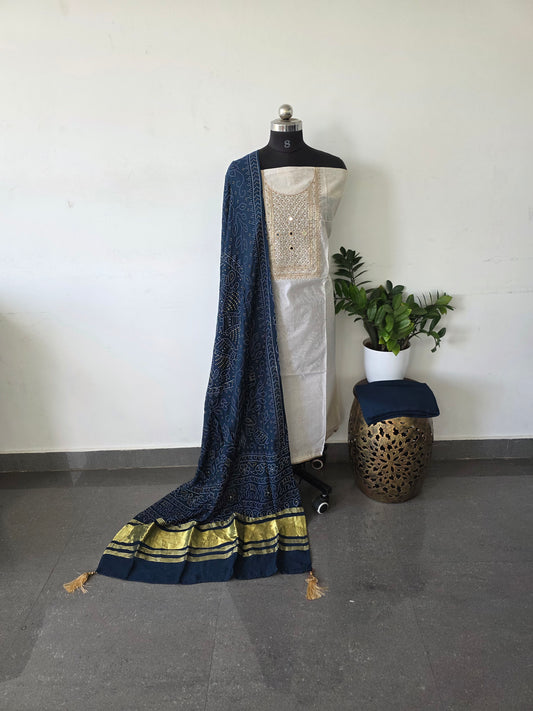 Premium chanderi set with bandhini silk shawl - White with navy blue