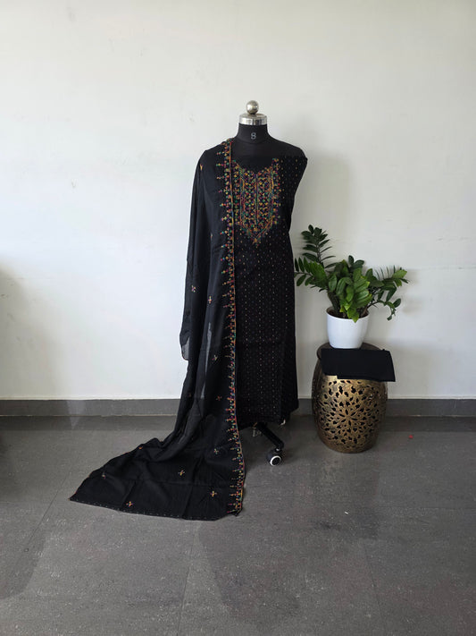 Pure cotton set with multicolour embroidery work - Black