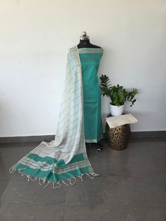 Mangalagiri silk set - light greenwith white