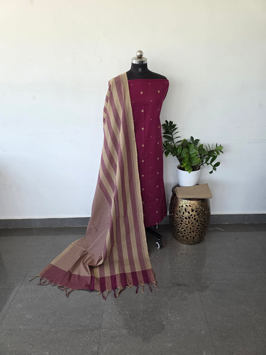Handloom cotton set - Rani pink strips