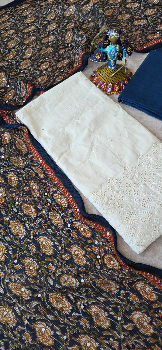 Premium hakoba cotton set with pure kalamkari cotton chiffon shawl - Dark blue