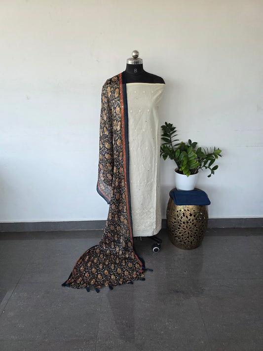 Premium hakoba cotton set with pure kalamkari cotton chiffon shawl - Dark blue