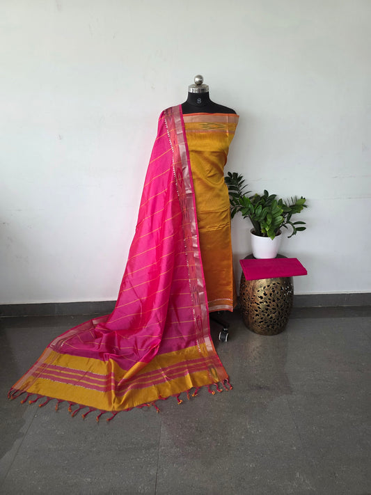Premium mangalagiri silk with pochampally border - Yellow with pink