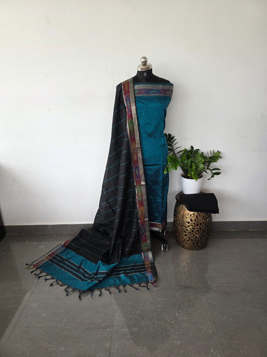 Premium mangalagiri silk set with pochampally border - Peacock green