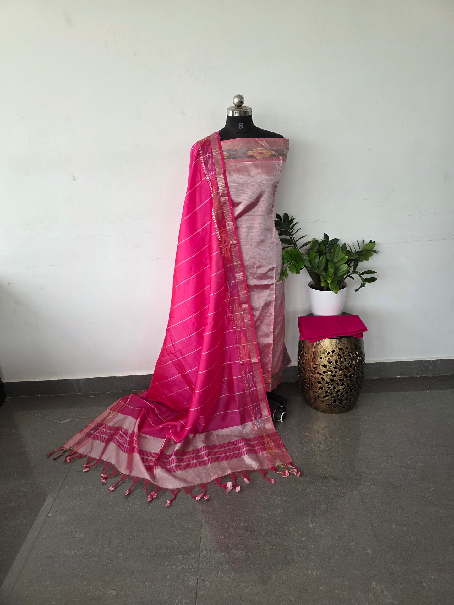 Premium mangalagiri silk set with pochampally border - rose milk pink
