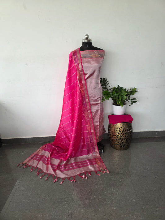 Premium mangalagiri silk set with pochampally border - rose milk pink