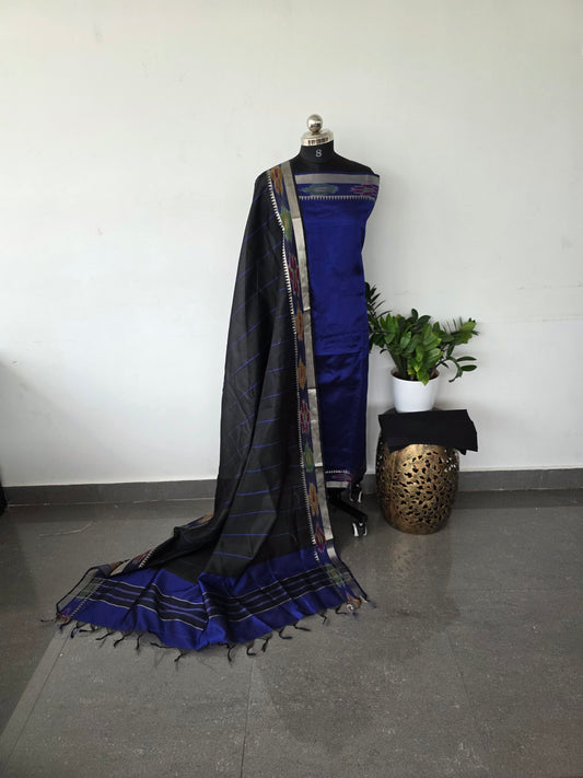 Pochampally mangalagiri silk set with pochampally border - Dark blue with black
