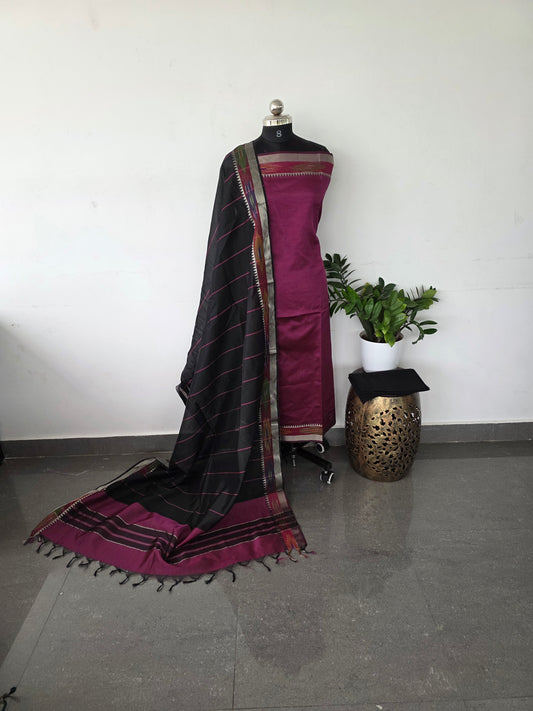 Premium mangalagiri silk set with pochampally border - magenta with black