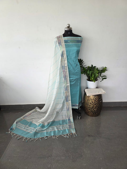 Premium mangalagiri silk set with pochampally border - Light blue
