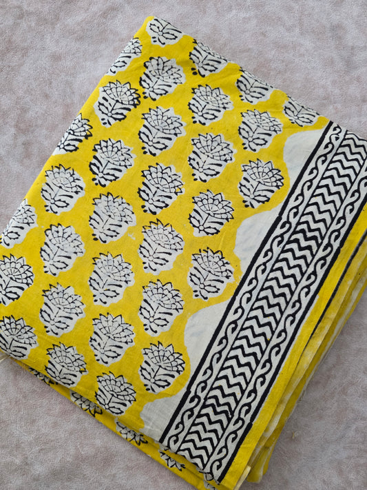 Handblock cotton set with kota shawl- yellow black floral