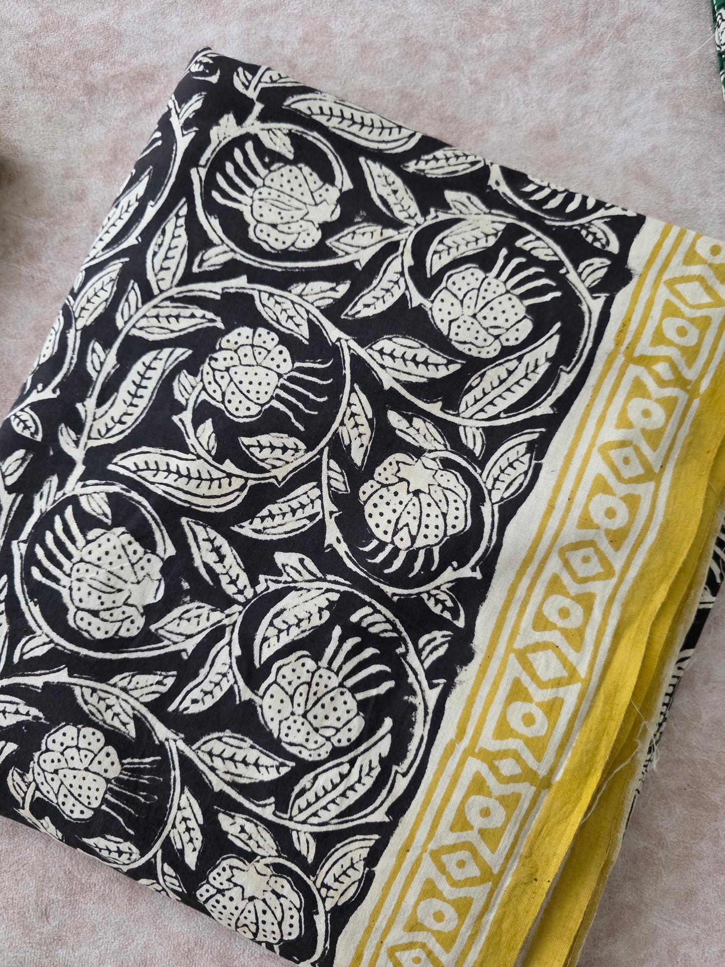 Handblock cotton set with kota shawl- black floral