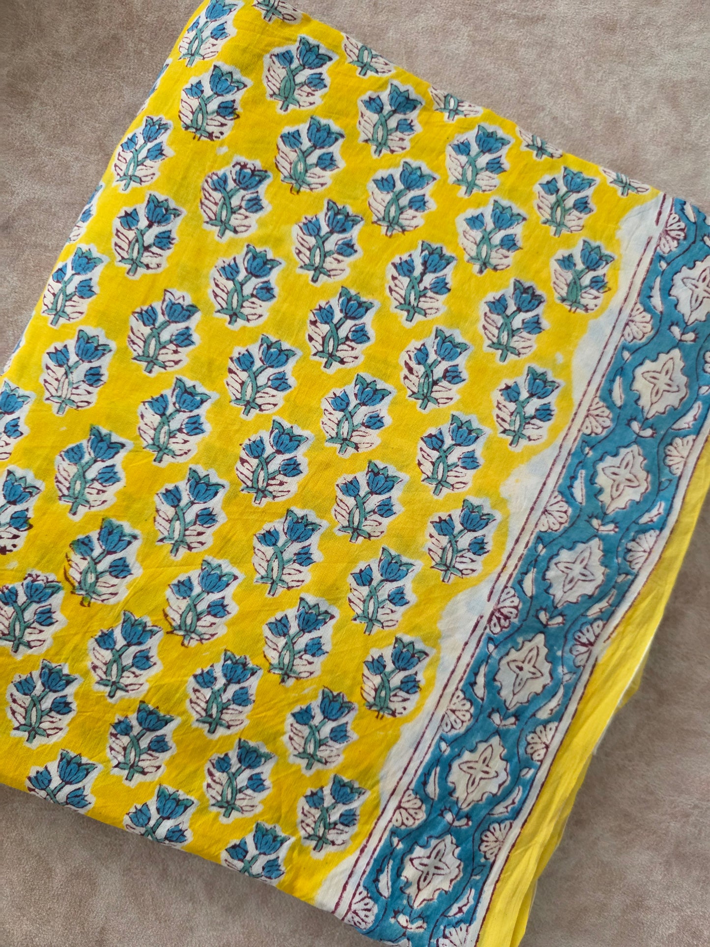 Handblock cotton set with kota shawl- yellow blue floral