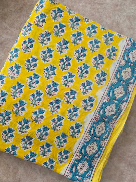 Handblock cotton set with kota shawl- yellow blue floral