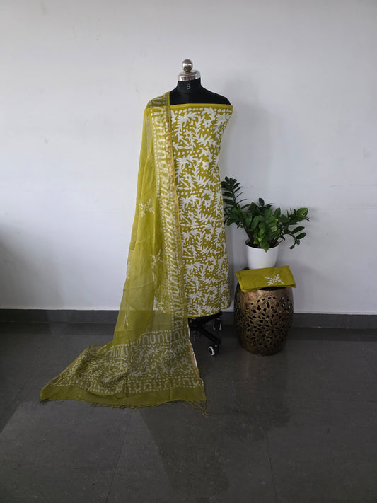 Handblock cotton set with kota shawl- green batik floral