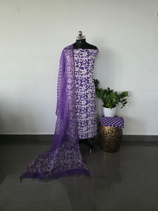 Handblock cotton set with kota shawl- purple