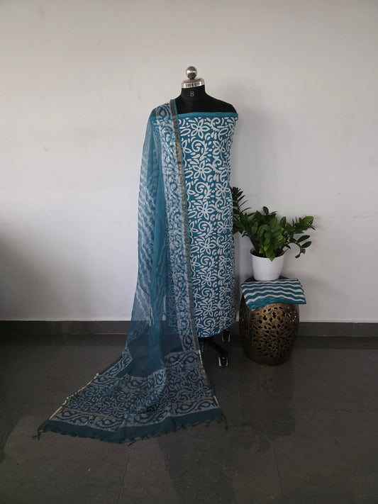 Handblock cotton set with kota shawl- powder blue
