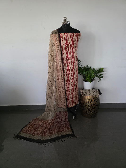 Handblock jaipur cotton set with kota shawl - Red black zigzag