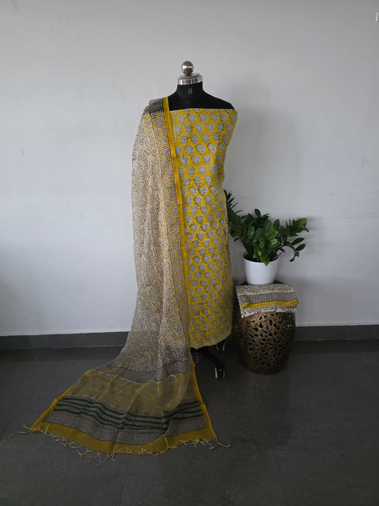 Handblock cotton set with kota shawl- yellow black floral
