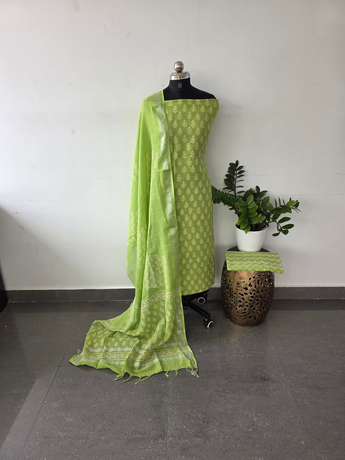 Jaipuri handblock linen cotton set - Leaf green