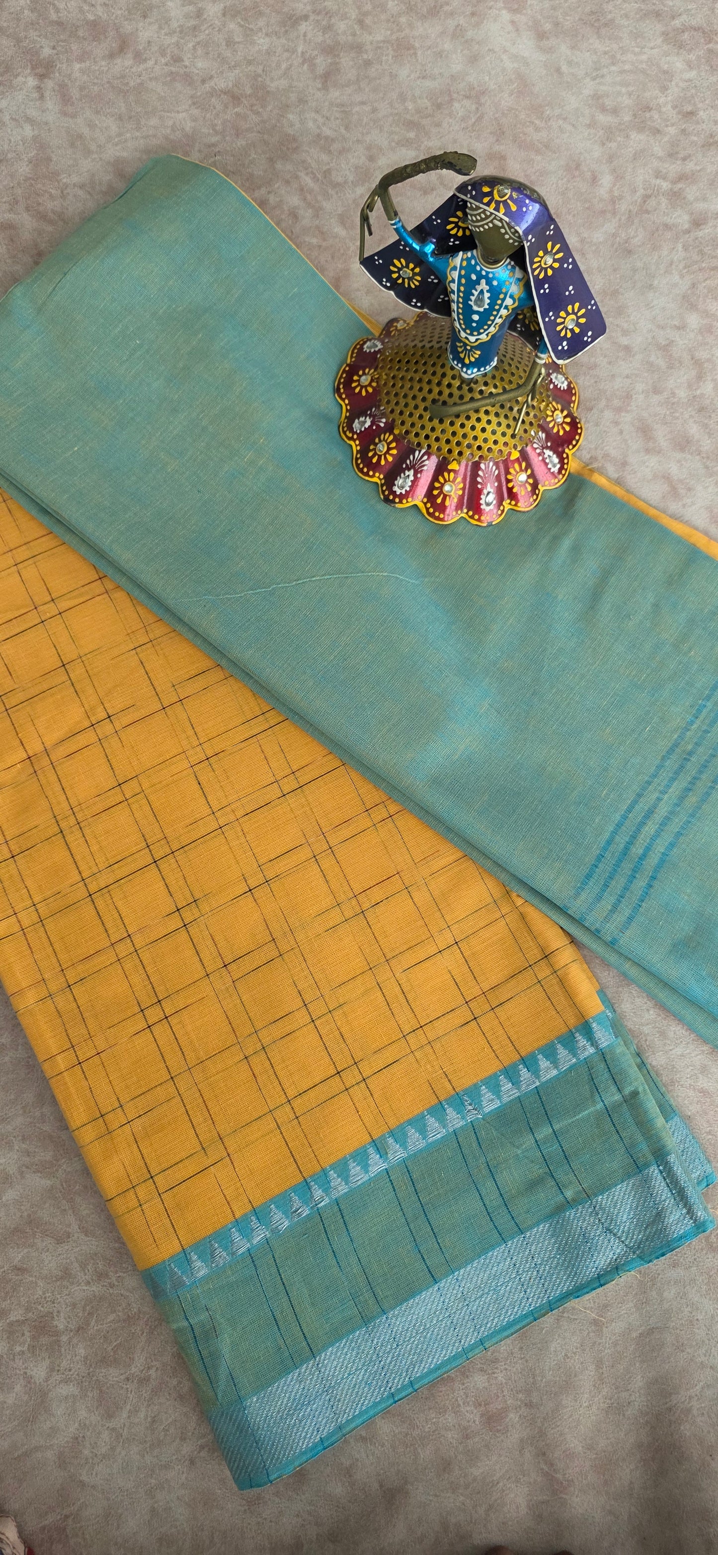 Checked handloom cotton set - Yellow with blue
