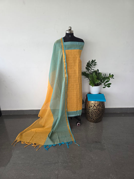 Checked handloom cotton set - Yellow with blue