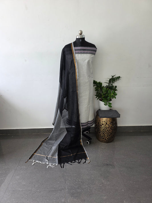 Pure handloom cotton set - white with black