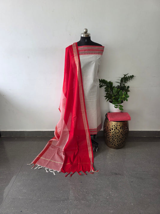 Pure handloom cotton set - white with red