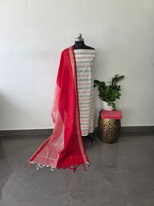 Pure handloom cotton set - white with red 2