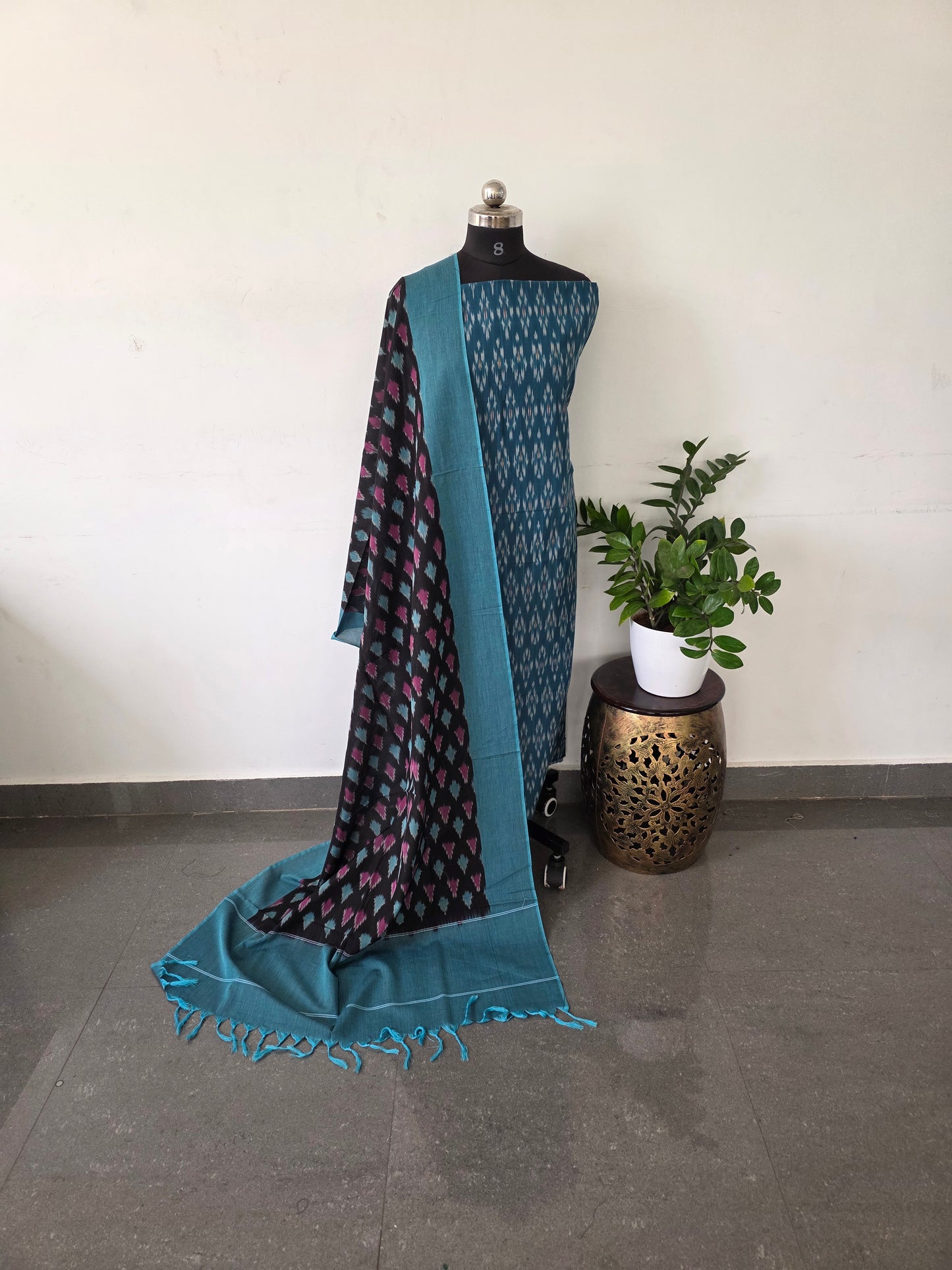 Premium mercerised ikkat cotton set - blue with black
