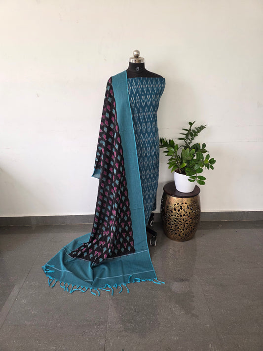 Premium mercerised ikkat cotton set - blue with black