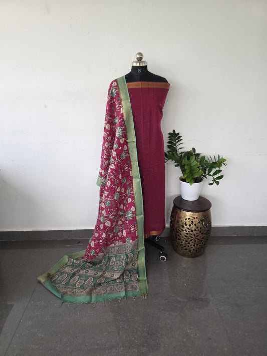 Premium mangalagiri cotton with kalamkari set - dark pink with lotus