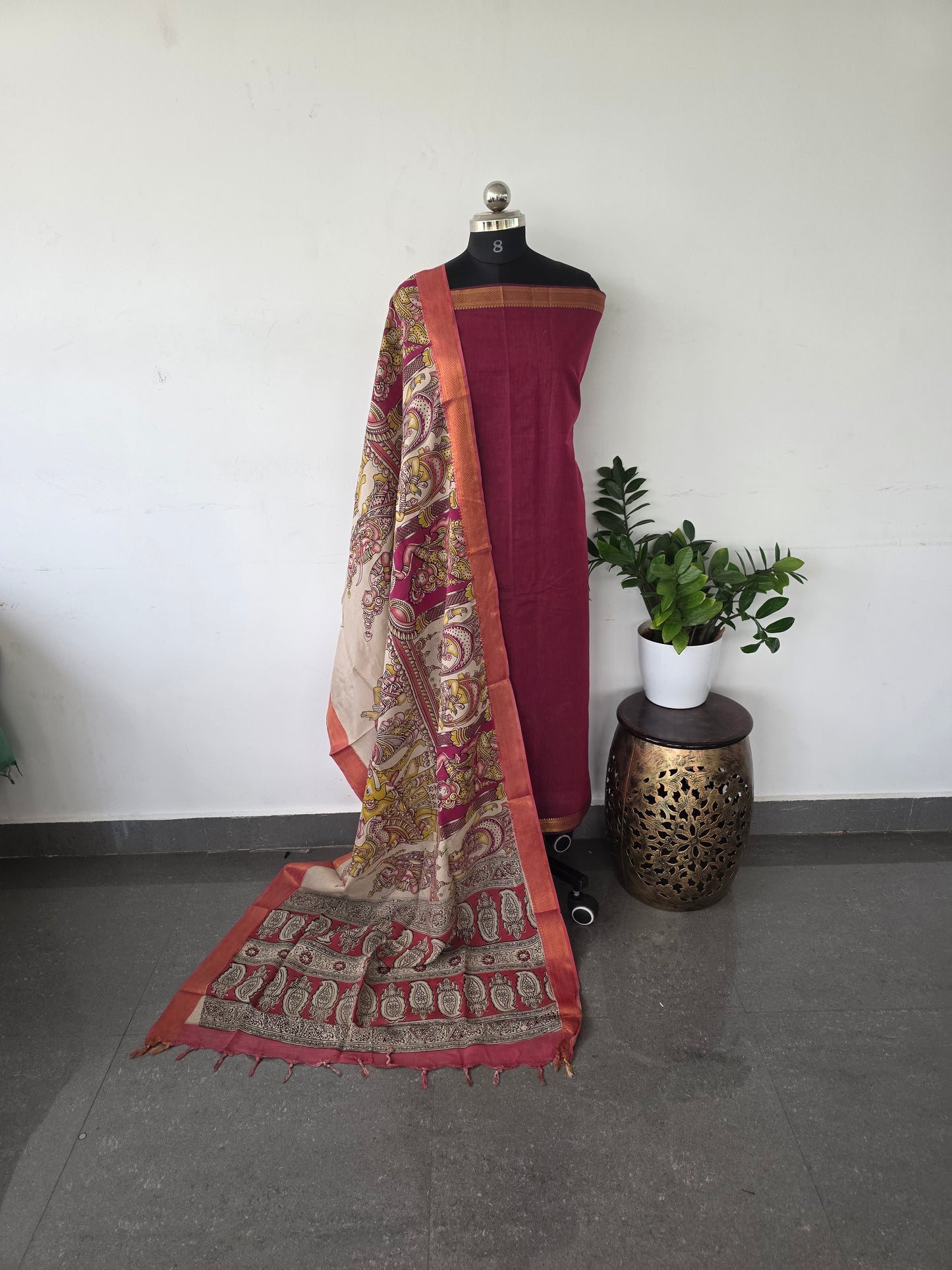 Premium mangalagiri cotton with kalamkari set - dark pink with girl doll