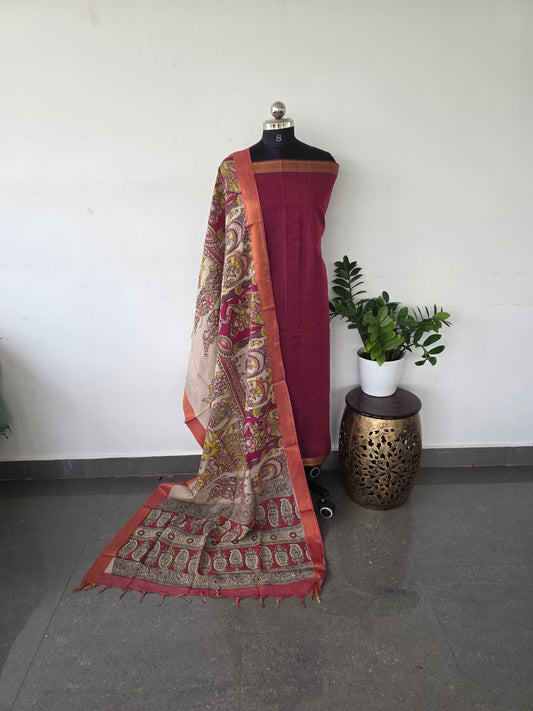 Premium mangalagiri cotton with kalamkari set - dark pink with girl doll