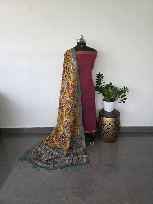 Premium mangalagiri cotton with kalamkari set - pink with yellow