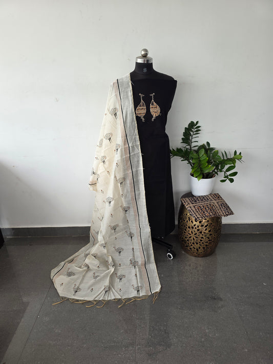 Premium applique cotton set with kalamkari set - crane black