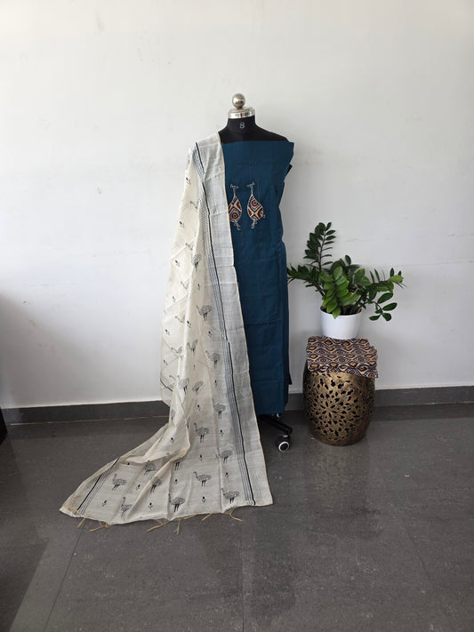 Premium applique cotton with kalamkari set - blue crane